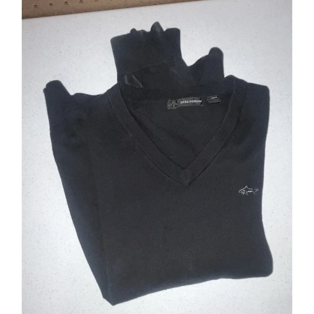 GREG NORMAN Sweater size‎ XL Black With Shark Logo - V-neck Golf